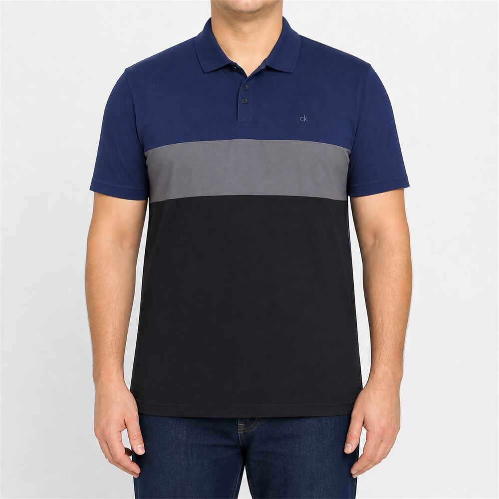 Calvin Klein Polo Shirt Mens 2XL Black Blue 100% Cotton Golf Classic